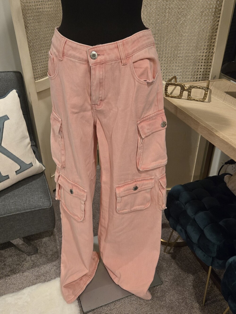 Wide Leg Cargo Jeans in Light Pink - Women - Picture 3 of 6